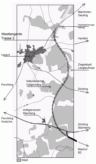 Trassenverlauf der geplanten Westtangente